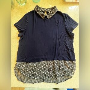 Elle Navy Blue Women's Blouse with Checkered Accents